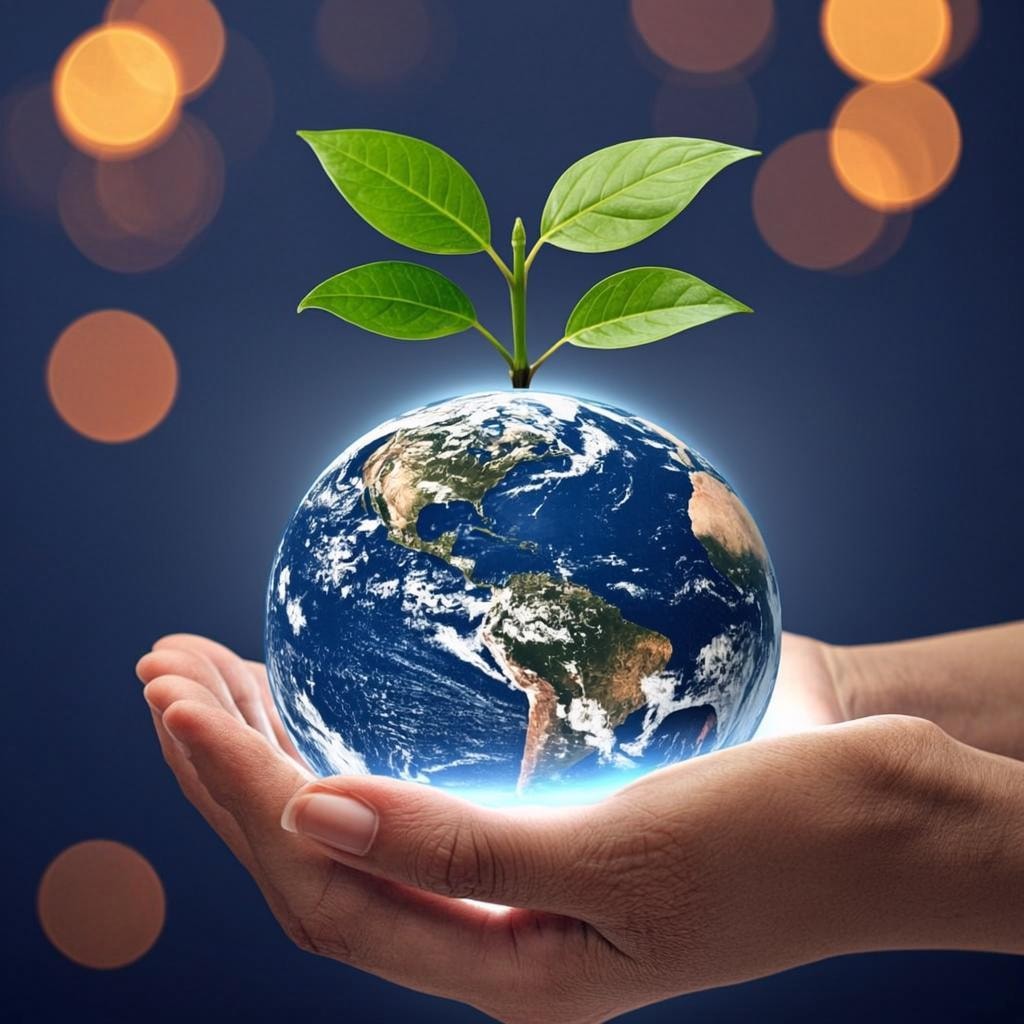 Hands holding a growing plant on a glowing globe — sustainable recruitment