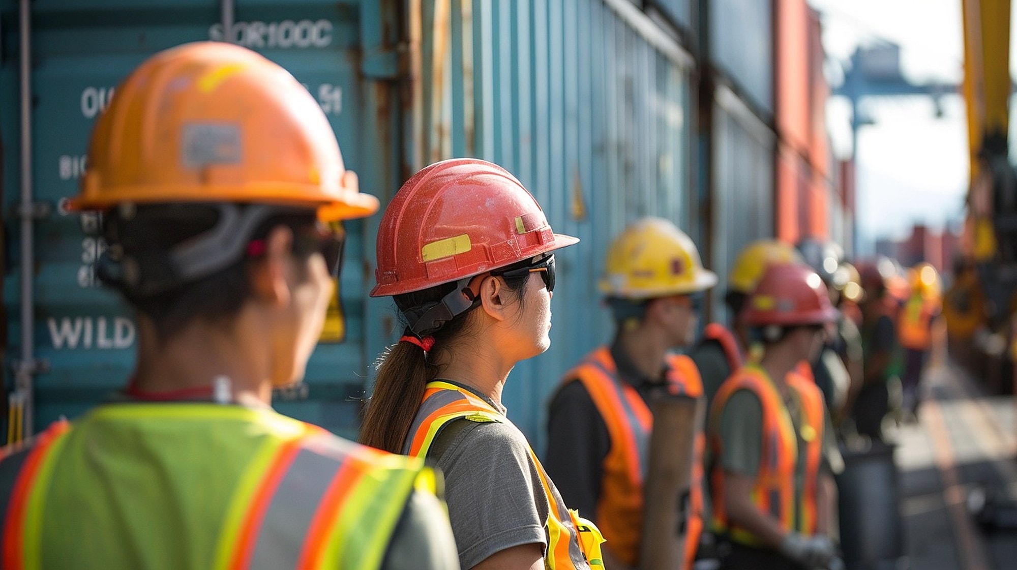 Skilled Indian workers in safety vests at a logistics port with city skyline